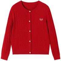 NAVIGARE女童开衫秋季儿童毛衣圆领亲肤舒适百搭叠穿 优雅小麻花酒红 140