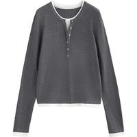 初语可露丽圆领针织衫女2025秋季撞色拼接假两件打底外穿上衣 灰色 S