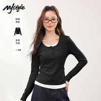 MJ STYLE叠穿假两件长袖T恤女2025年秋季撞色修身显瘦正肩内搭打底衫 黑/纯色