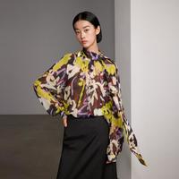 ERDOS 真丝飘带衬衫女春桑蚕丝印花复古灯笼袖