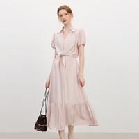 范思蓝恩 假两件法式度假连衣裙女2025夏装气质休闲翻领高腰裙子女 粉色 S