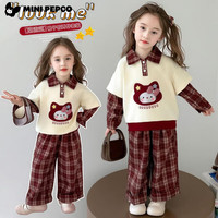 小猪班纳女童春秋卫衣套装儿童可爱花边连帽运动服宝宝卡通蝴蝶结套装 格子猫咪套装 150 cm