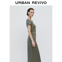 UR夏季女装时尚简约收褶后开衩修身连衣裙UWJ740022 灰绿 (裙长偏长) XL