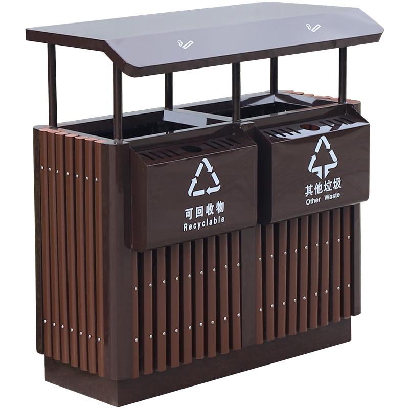 绿恩防腐木垃圾桶塑木果皮箱 户外景区环保分类果皮箱城市街道垃圾箱 无盖   镀锌板配塑木双桶