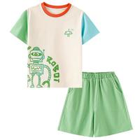 小猪班纳【7A抗菌】童装2025夏季男小童休闲套装两件套机器人图案上下装 米色  120