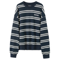 三彩2025秋款复古撞色条纹字母卫衣圆领套头衫宽松休闲M 藏青色条纹 S 155/80A