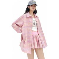 妖精的口袋多巴胺彩色格纹衬衫裙裤两件套装女2025年春夏减龄 俏丽粉色 S