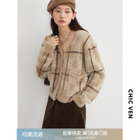CHIC VEN 2025冬季女复古格纹仿貂毛毛衣开衫上衣 10091839072294