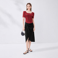 秋水伊人不规则黑色褶皱半身裙夏季优雅通勤高腰中长裙 黑色 L