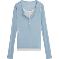 初语轻薄软糯长袖T恤女2025秋撞色假两件时髦叠穿打底衫上衣 浅蓝色 S