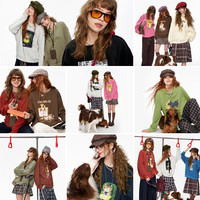 妖精的口袋 复古萌宠印花套头女2025早秋圆领上衣