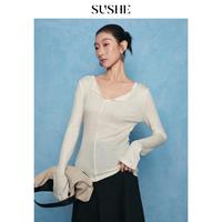 束皙 susee SUSHEV领拼接薄款纯色简约百搭外穿女式T恤