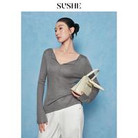 束皙 susee SUSHEV领拼接薄款纯色简约百搭外穿女式T恤