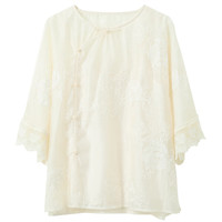 三彩2025夏季莱赛尔刺绣小衫两件套七分袖新中式女 米白色 S 155/80A