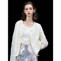 三彩2025秋款宽松外套新中式国风手工盘扣提花上衣女 米白色花卉 S 155/80A