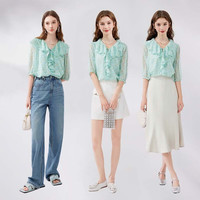 秋水伊人优雅V领荷叶边甜美衬衫夏季女装宽松直筒上衣 花料 M