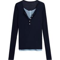 初语轻薄软糯长袖T恤女2025秋撞色假两件时髦叠穿打底衫上衣 藏青色 M