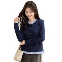 她享针织开衫女撞色假两件拼接针织外套春秋百搭毛衣开衫女 T143U3002