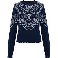 EP雅莹蓝标系列丨气质针织提花民族蓝收腰套头羊毛衫 2025秋装9520A 藏青 S