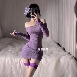吸管少女 女士紫色蕾丝连衣裙紧身一字肩包臀短裙