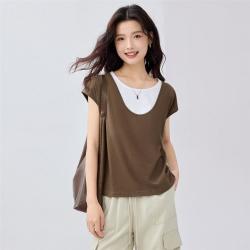 GIORDANO 佐丹奴 2025年假两件撞色拼接圆领连袖日常休闲通勤短袖T恤女款