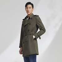 雅戈尔（YOUNGOR）风衣男双翻领长款单风衣聚酯纤维复古英伦风双排扣风衣 军绿 3XL 190/108A