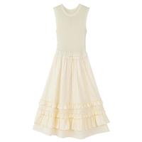 欧时力OCHIRLY 假两件羊毛无袖毛织连衣裙荷叶边伞裙女2025夏新款 米黄 S