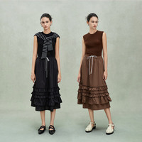 欧时力OCHIRLY 假两件羊毛无袖毛织连衣裙荷叶边伞裙女2025夏 米黄 L