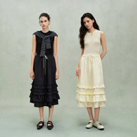 欧时力OCHIRLY 假两件羊毛无袖毛织连衣裙荷叶边伞裙女2025夏 啡色 L