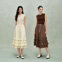 欧时力OCHIRLY 假两件羊毛无袖毛织连衣裙荷叶边伞裙女2025夏 黑色 S