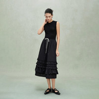 欧时力OCHIRLY 假两件羊毛无袖毛织连衣裙荷叶边伞裙女2025夏 黑色 M