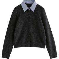 初语针织衫女2025秋季糯米绒假两件拼接翻领MIU系智性开衫 黑灰色 XL