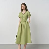 范思蓝恩FANSILANEN 木耳边法式短袖连衣裙女2025夏季设计感气质通勤纯棉V领长裙