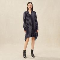 女装飘带条纹长袖系带衬衫款连衣裙