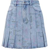 欧时力 秋装 印花a字褶裙短裙学院风牛仔半身裙