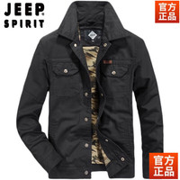 JEEP SPIRIT春秋纯棉棉衣男水洗耐磨工装短款翻领外套宽松大码茄克衫男装 军绿色-6个口袋 XL 155斤左右