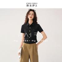 秋水伊人 【Fairy系列】单排扣翻领短袖衬衫刺绣字母捏褶收腰短款上衣