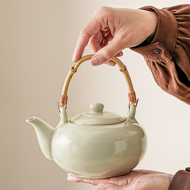 琦轩源汝窑茶壶泡茶家用陶瓷功夫茶具单壶茶水分离大提梁壶 汝窑章远提梁壶(竹把)