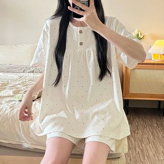 雅鹿女士睡衣裤套装短袖短裤长裤家居服圆领套头三件套少女印花 SW762三件套 M 【155-160cm/80-100斤】