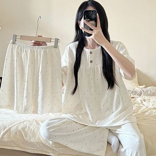 雅鹿女士睡衣裤套装短袖短裤长裤家居服圆领套头三件套少女印花 SW762三件套 M 【155-160cm/80-100斤】