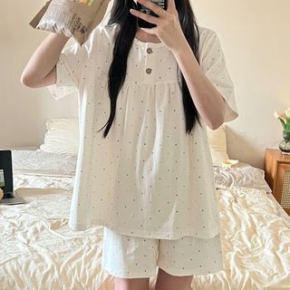 雅鹿女士睡衣裤套装短袖短裤长裤家居服圆领套头三件套少女印花 SW762三件套 M 【155-160cm/80-100斤】