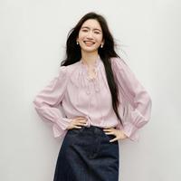 红袖 2025秋季女装木耳边花卉系带松紧喇叭袖正肩短款上衣