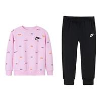 NIKE 耐克童装女童卫衣+长裤2件套春秋季260克毛圈满印舒适儿童套装 正黑色 110 /52【身高98-104cm】