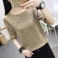 水中花 高级感七分袖薄款针织T恤短袖女士打底衫镂空洋气上衣小衫