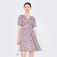Peoleo优雅气质夏季女时尚V领显瘦法式百搭碎花短袖连衣裙