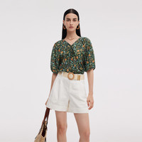 歌莉娅天丝上衣2025田园度假大码女装宽松短袖小衫1E7C3I200 4DD墨绿森系繁花印花 S