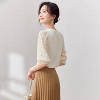 【拼接蕾丝衫衬衣女】春夏新女士清新气质V领提花七分袖针织衬衫