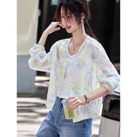 苏醒的乐园 夏季时尚长袖田园风印花上衣甜美圆领碎花衬衫镂空轻薄外套女