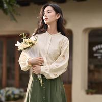 茵曼 纯棉木耳边立领衬衫2025春秋款法式职业刺绣长袖衬衣上衣女