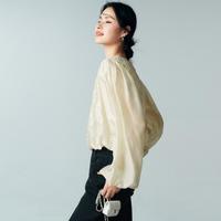 初棉 法式复古V领气质衬衫女提花设计感 25泡泡袖宽松显瘦衬衣